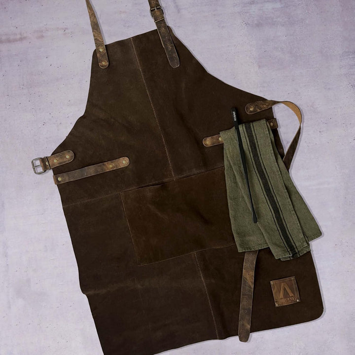 REDSALT® Premium Lederschürze 100% Büffel Wild Leder 84x62cm braun | Profi BBQ Grillschürze Arbeitss