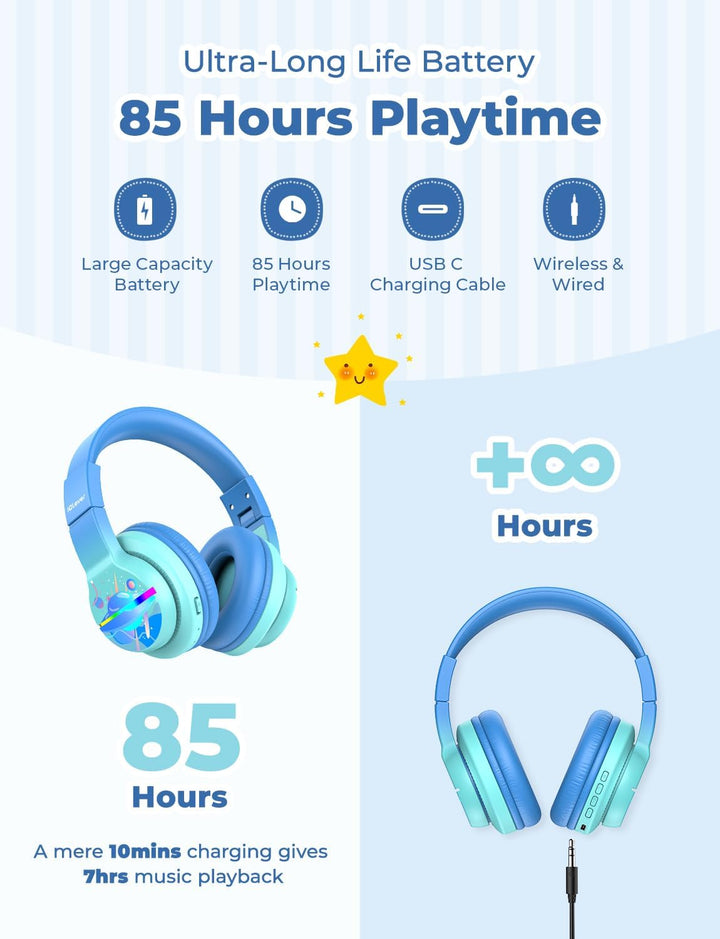 iClever Bluetooth Kinder Kopfhörer, Farbige LED-Leuchten, Kinderkopfhörer Over-Ear mit 74/85dBA Laut