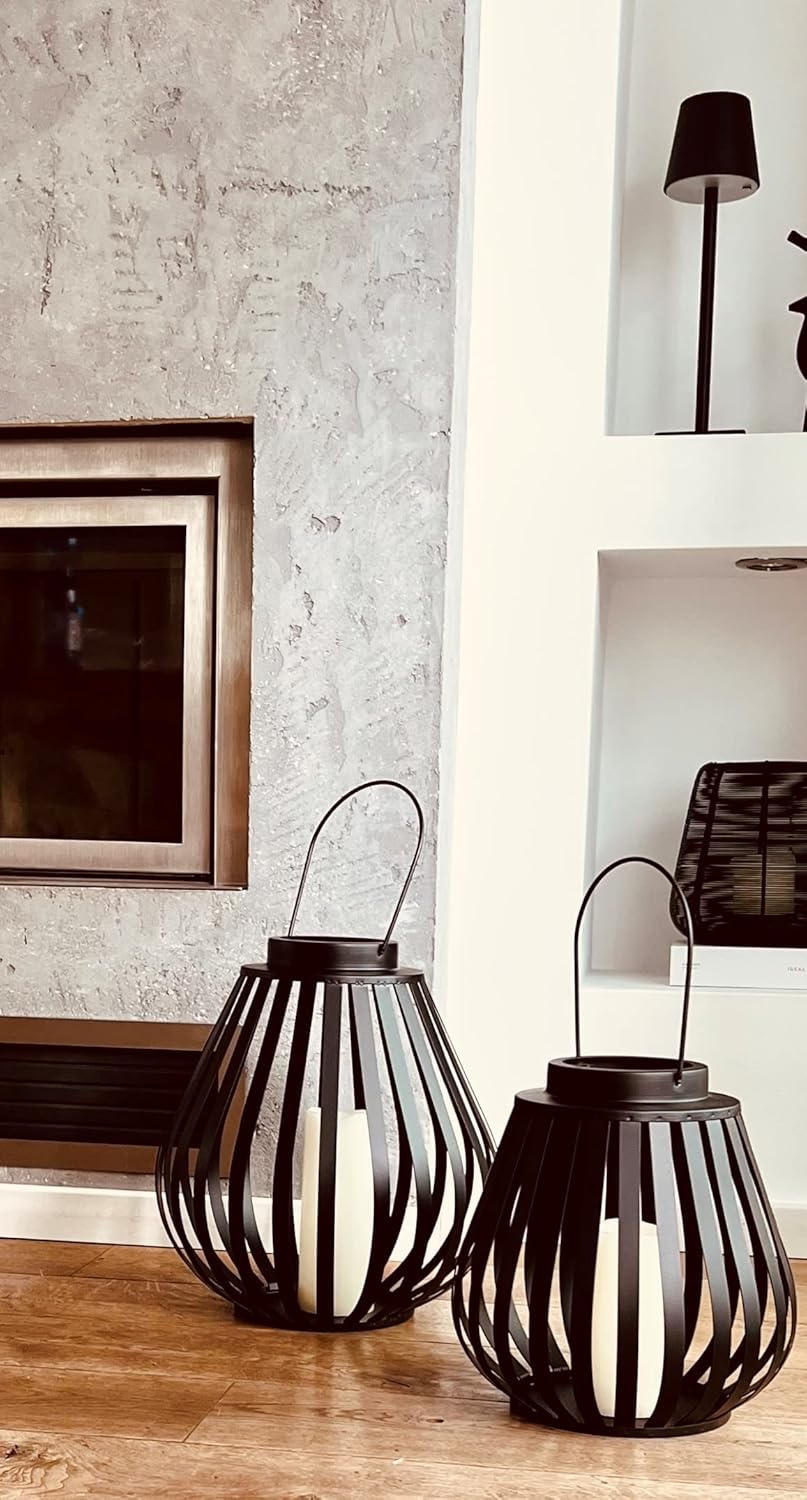 Brandsseller Windlicht 34 x 36 cm Metall mit Henkel Gitter Design Schwarz Kerzenständer Laterne Indo