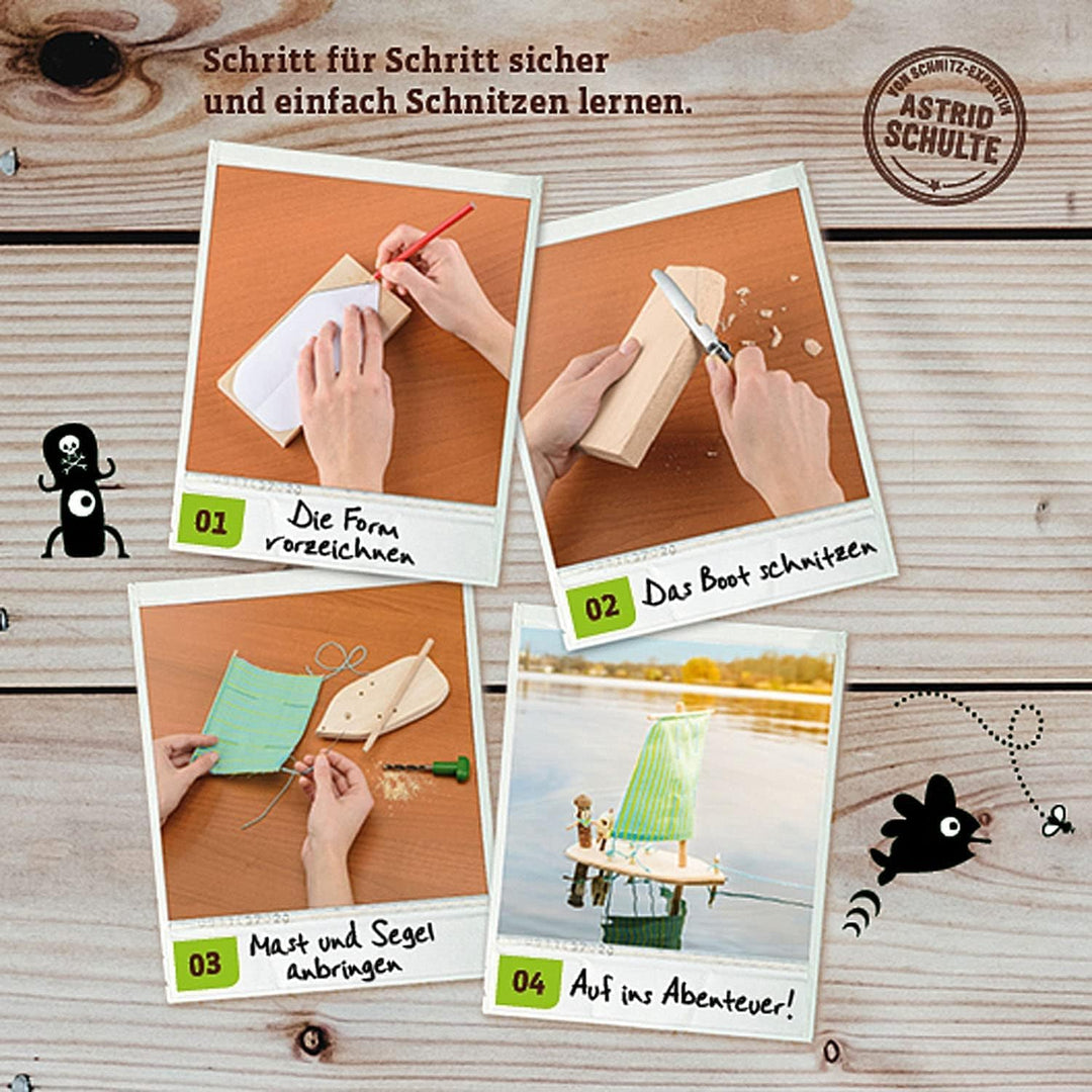 Kosmos 604608 AllesKönnerKiste Schnitzen Komplett-Set, mit Kinder-Schnitzmesser, Lindenholz-Block, B
