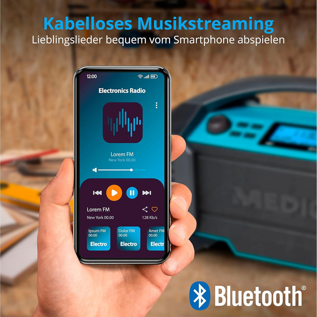 MEDION E66050 DAB+ Baustellenradio (Integrierter Akku, IP54 Schutz gegen Spritzwasser & Staub, USB-L