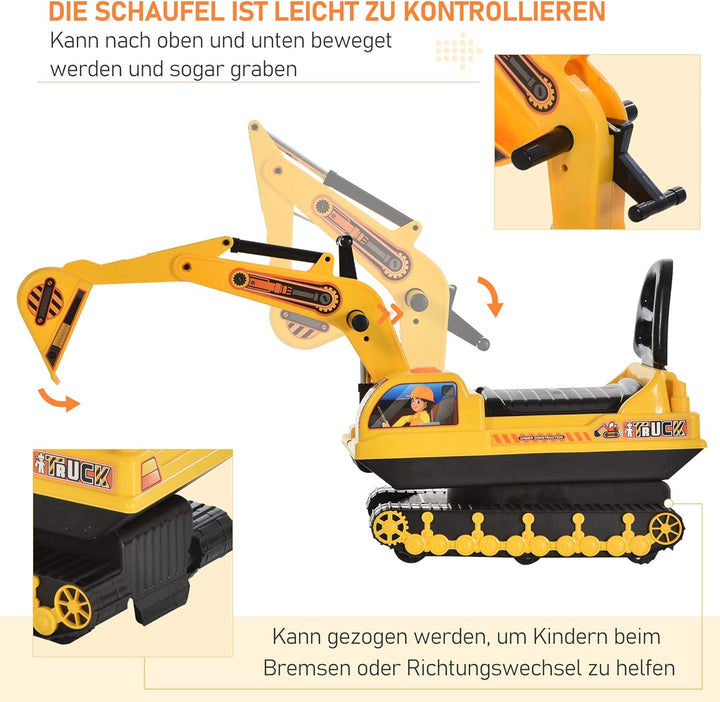 HOMCOM Kinder Sitzbagger Sandbagger für Kinder mit Schaufel, Hupe, Aufsitzbagger mit Stauraum, Rutsc