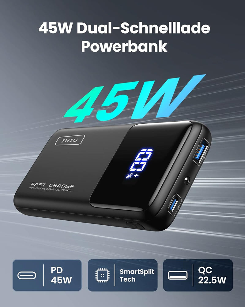 INIU Power Bank, 45W Powerbank Klein Aber Stark 15000mAh, 3A Externe Handyakkus [USB C Input&Output]