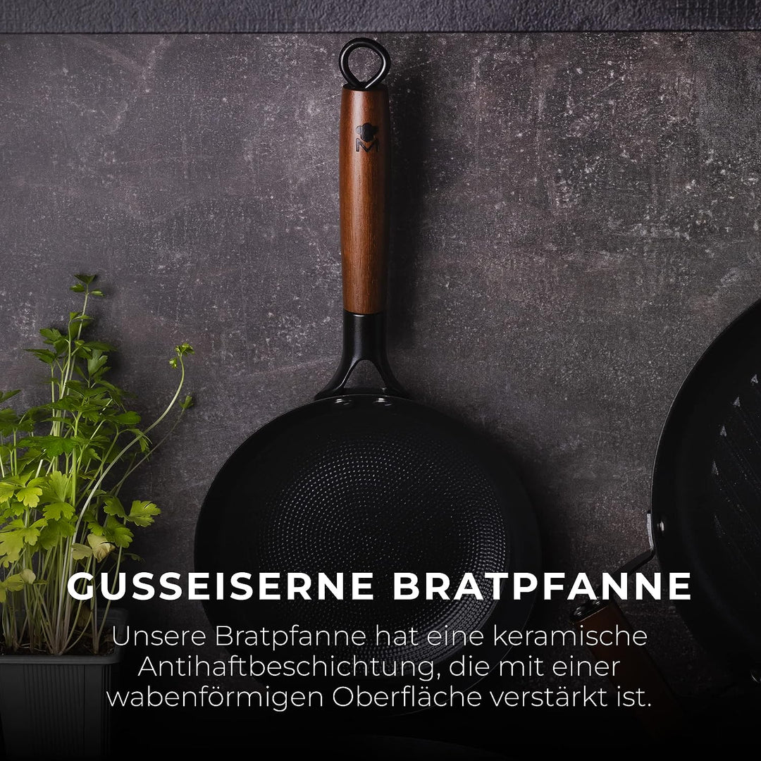 MasterPRO Odín | Pfanne Antihaftbeschichtet 16 cm | Aus Gepresstem Eisen | Ergonomischer Akazienholz