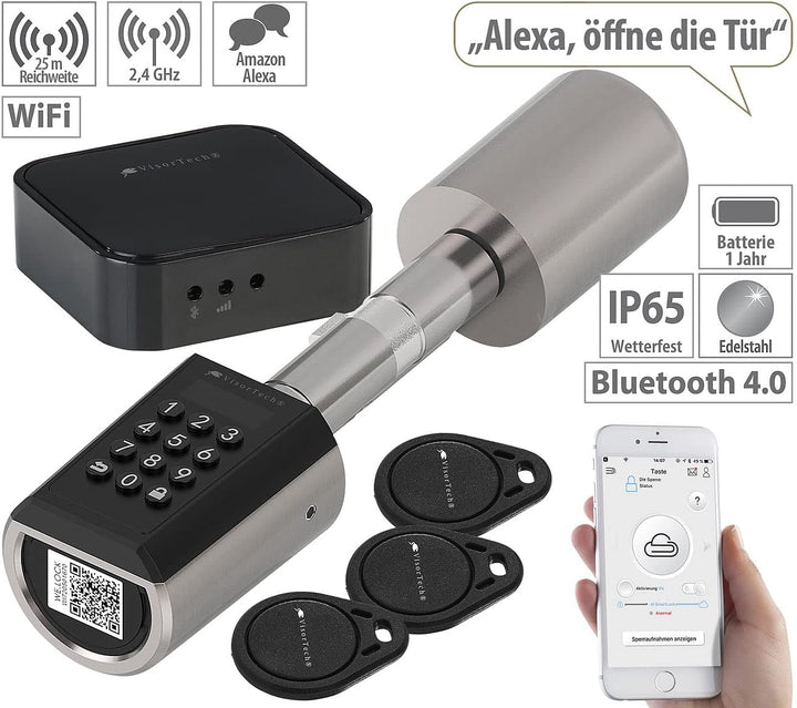 VisorTech Türzylinder: Elektronischer Tür-Schliesszylinder, Transponder, App, IP65, m Gateway (Elekt