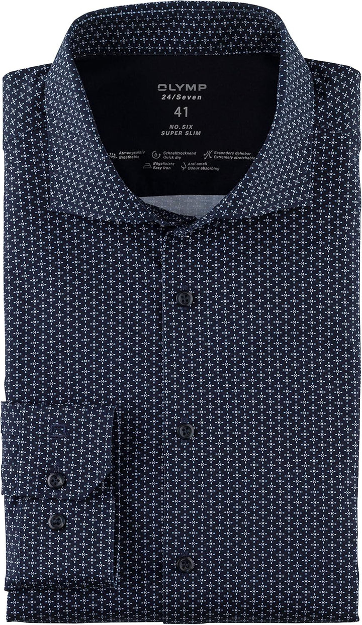 OLYMP Herren Businesshemd No. Six 24/Seven,Gemustert,super Slim,Kent-Kragen 37 Marine 18, 37 Marine