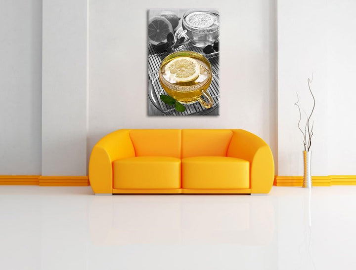 Grüner Tee mit Zitrone schwarz/weiss Format: 100x70 auf Leinwand, XXL riesige Bilder fertig gerahmt