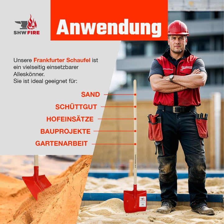 SHW-FIRE Frankfurter Schaufel aus Spezialstahl mit langem Eschenholzstiel 130cm lang Rot, Rot