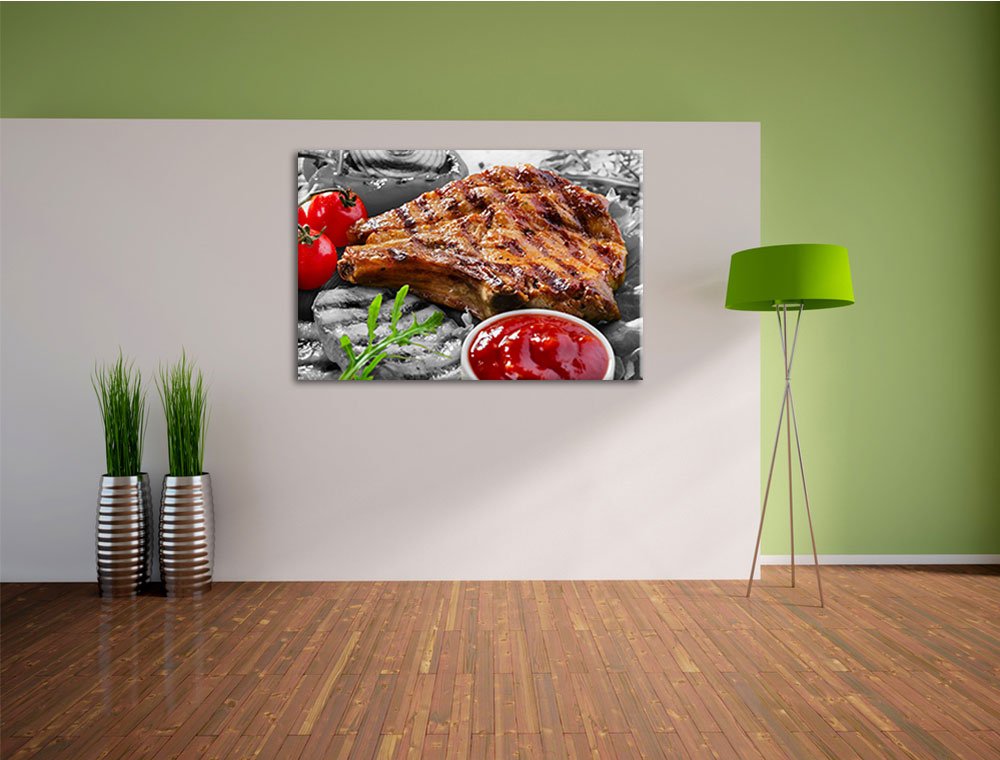 Saftiges Steak mit Grillkäse schwarz/weiss Format: 100x70 cm auf Leinwand, XXL riesige Bilder fertig