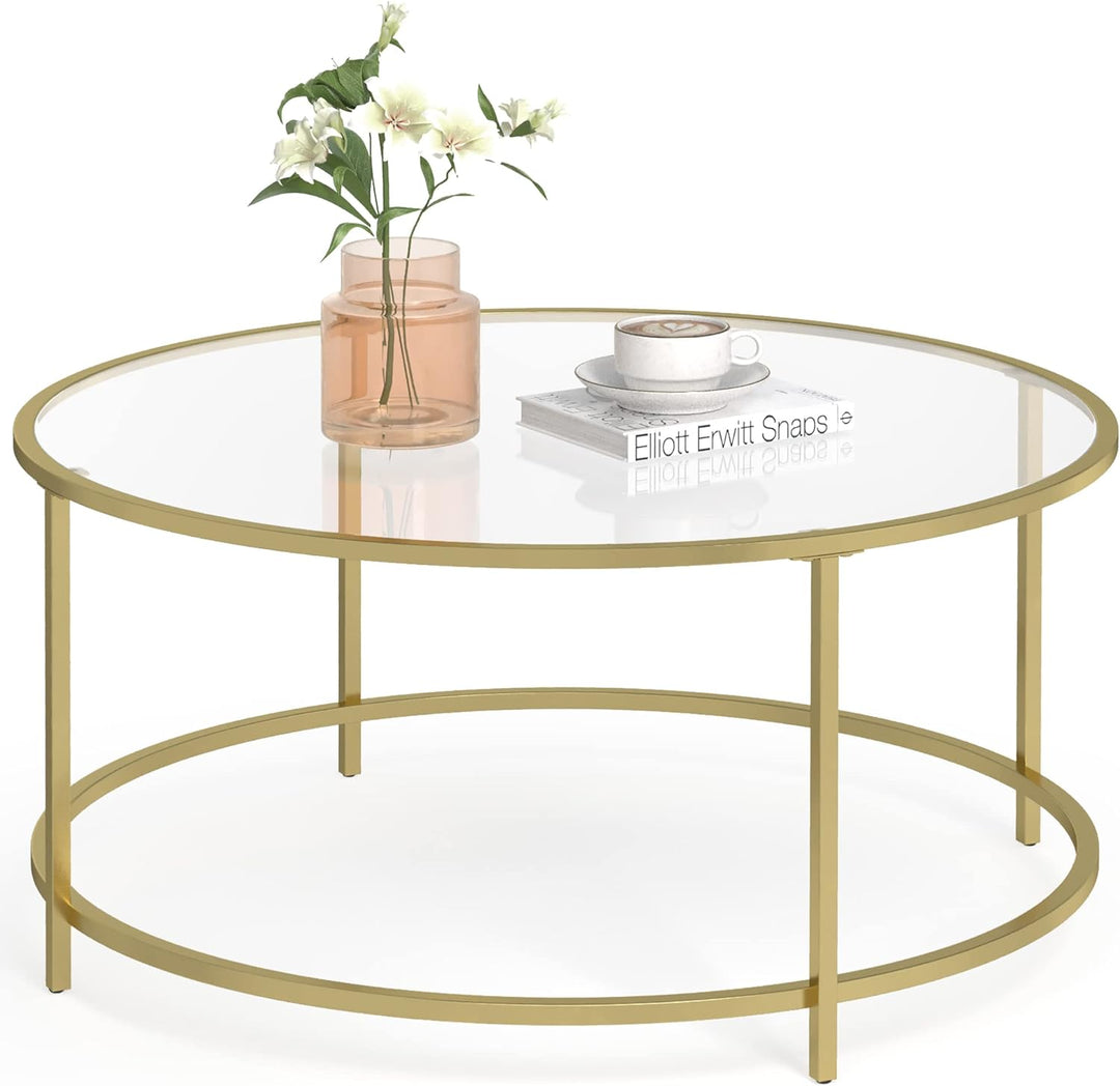 VASAGLE Couchtisch, Beistelltisch, Wohnzimmertisch rund, Glastisch mit Metallgestell, Hartglas, Nach