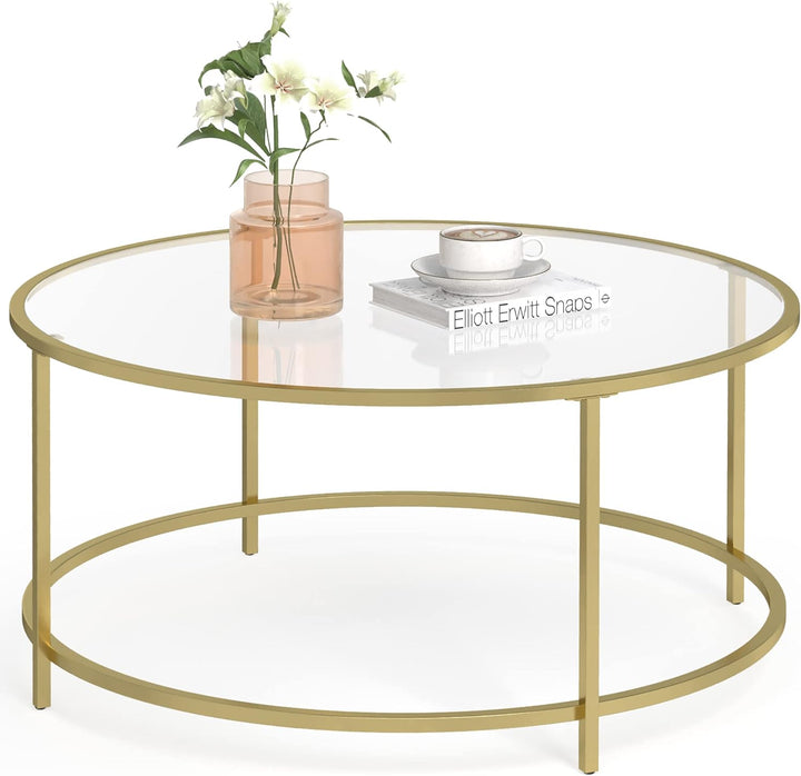 VASAGLE Couchtisch, Beistelltisch, Wohnzimmertisch rund, Glastisch mit Metallgestell, Hartglas, Nach