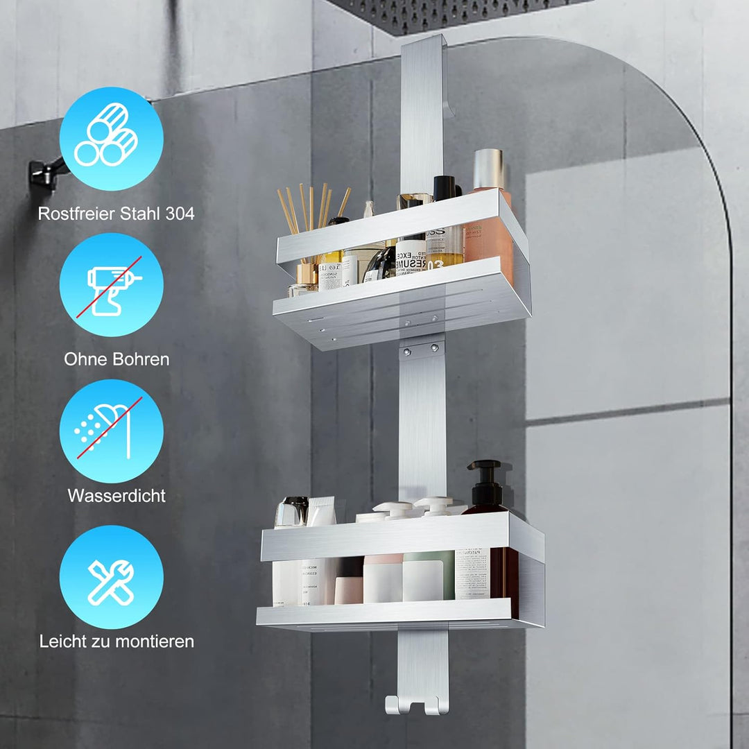 UUlioyer Duschablage zum Hängen, Duschregal aus Edelstahl SUS304 ohne Bohrer für Rahmenlos Glastür,