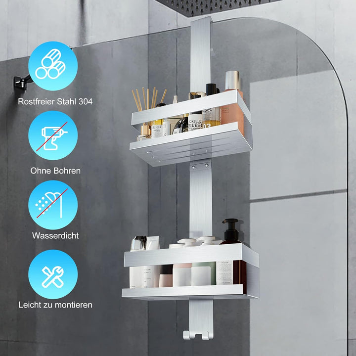UUlioyer Duschablage zum Hängen, Duschregal aus Edelstahl SUS304 ohne Bohrer für Rahmenlos Glastür,