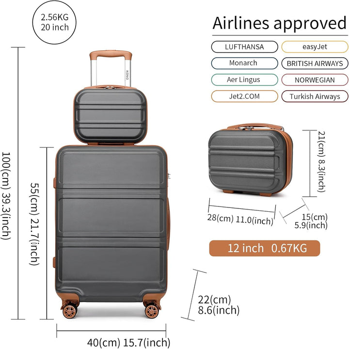 Kono Reisegepäck Set Leichter ABS-Hartschalen-Trolley mit 4 Spinnrollen und TSA-Zahlenschloss Grau/B