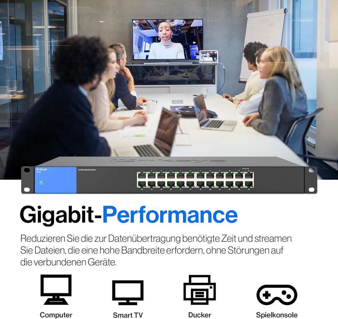 Linksys LGS124-EU 24-Port Unmanaged Gigabit-Netzwerk-Switch – Ethernet-Switch/Hub mit Metallgehäuse,