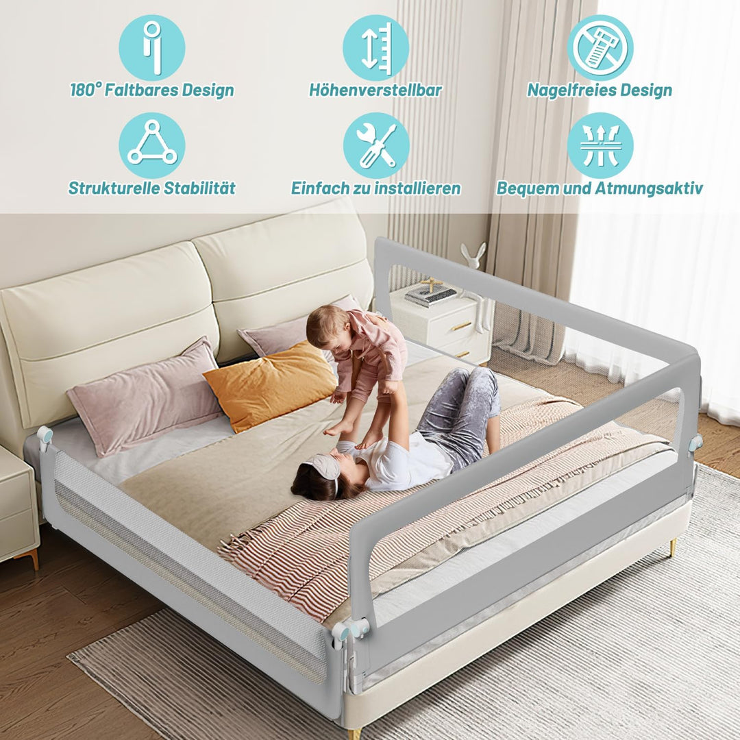Tubiaz 200cm Bettgitter Rausfallschutz, Kinderbettgitter um 180 Grad Klappbar, Bettschutzgitter Höhe