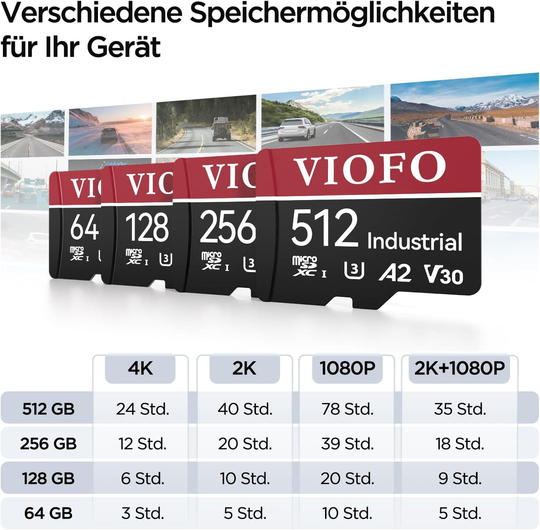 VIOFO 256GB Speicherkarte, hohe Geschwindigkeit mit Adapter U3, Kompatibel für 4K WiFi Dashcam Auto