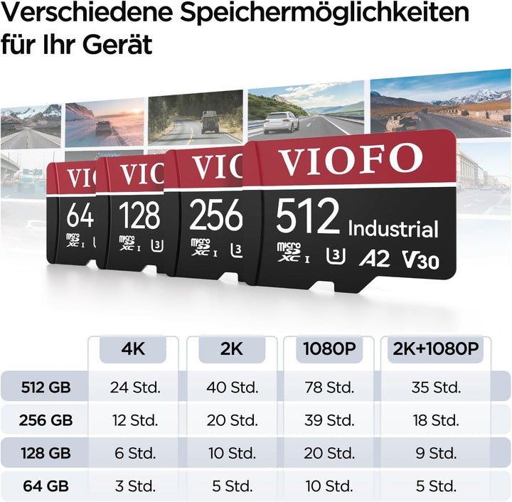 VIOFO 256GB Speicherkarte, hohe Geschwindigkeit mit Adapter U3, Kompatibel für 4K WiFi Dashcam Auto