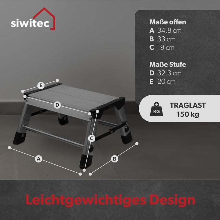 siwitec Trittleiter, 1 Stufe, Alu Klapptritt, leichte Aluminium Tritthocker bis 150 kg belastbar, Fa