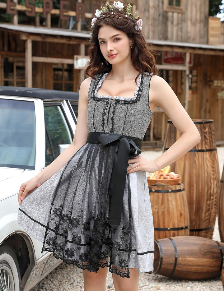 KOJOOIN Damen Dirndl 2tlg. Midi Trachtenkleid Kurz Dirndlkleid(High-End) mit Dirndlschürze für Oktob