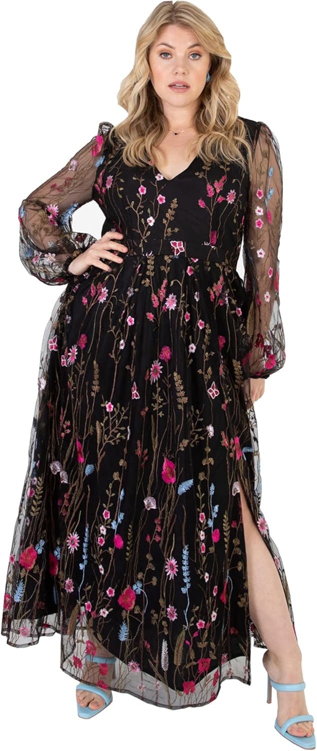 Ladies Maxi Dress for Women Plus Size Curve Embroidered Flowers Mesh Long Sleeve Bishop V Neckline S