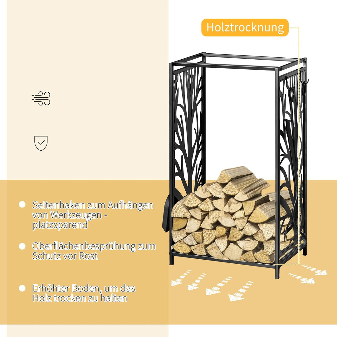HOMCOM Kaminholzständer mit Kaminbesteck, Brennholzregal, Feuerholzablage, Kaminwerkzeug, Stahl Schw