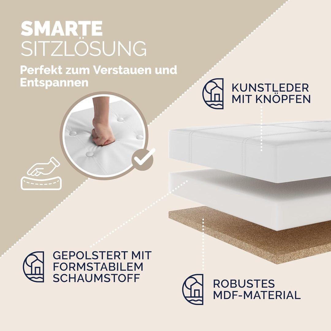 CASARIA® Sitzbank mit Stauraum 80x40x40cm Weiss Faltbar Gepolstert Deckel Kunstleder Stabil 100L Mod