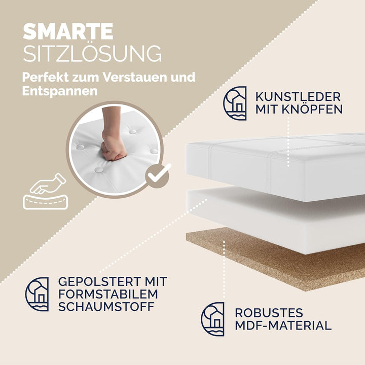 CASARIA® Sitzbank mit Stauraum 80x40x40cm Weiss Faltbar Gepolstert Deckel Kunstleder Stabil 100L Mod