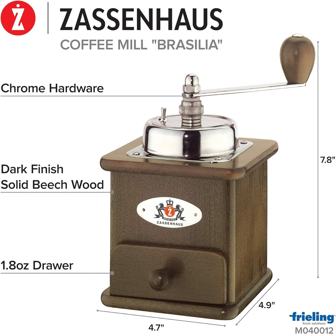 Zassenhaus Kaffeemühle Manuell BRASILIA | Buche dunkel gebeizt | 12 x 12.5 x 20cm | zum Mahlen von K