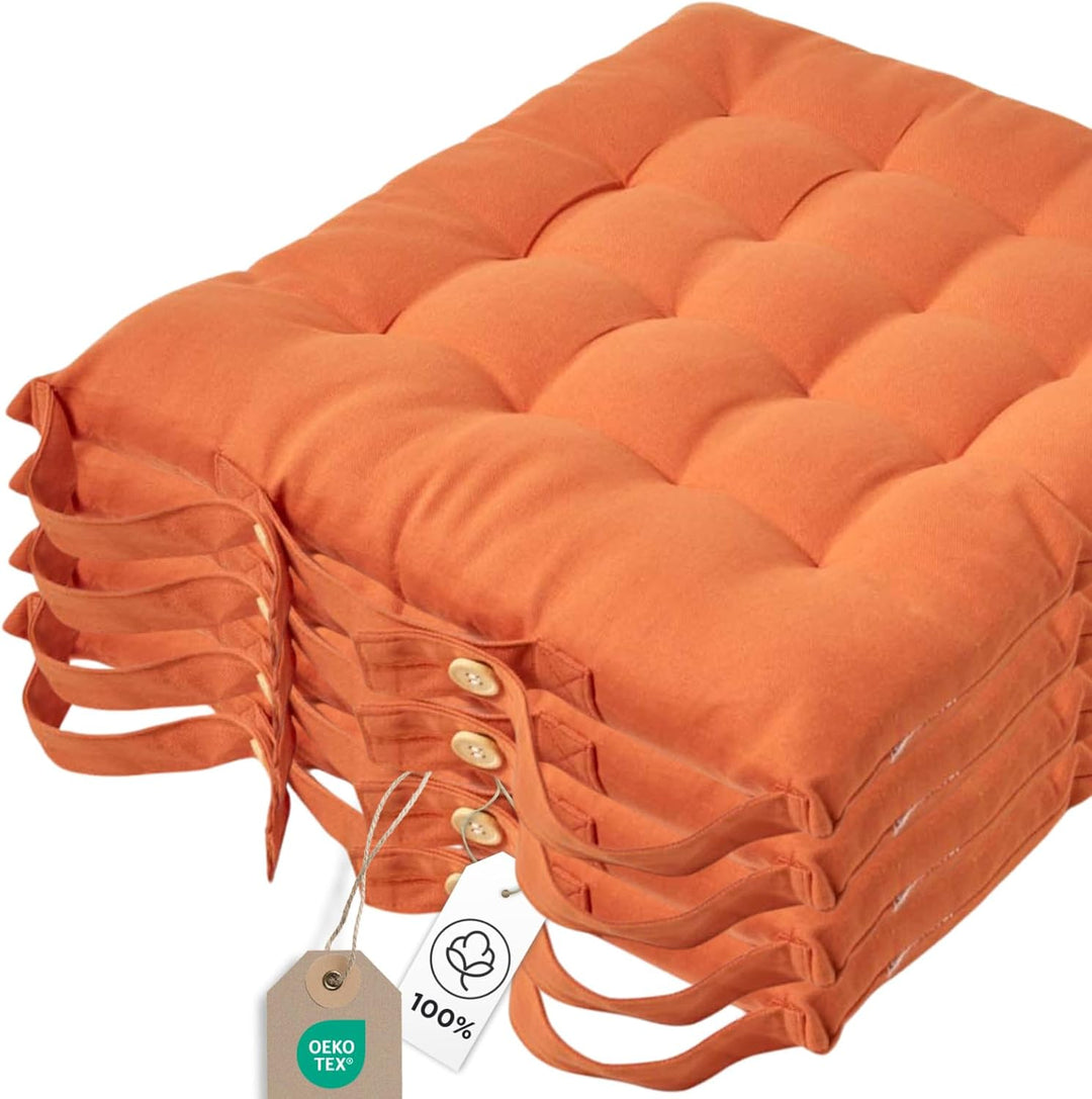 Homescapes 4er Set Stuhlkissen 40 x 40 cm, Terracotta-orange, Sitzkissen mit Bändern und Knopfversch