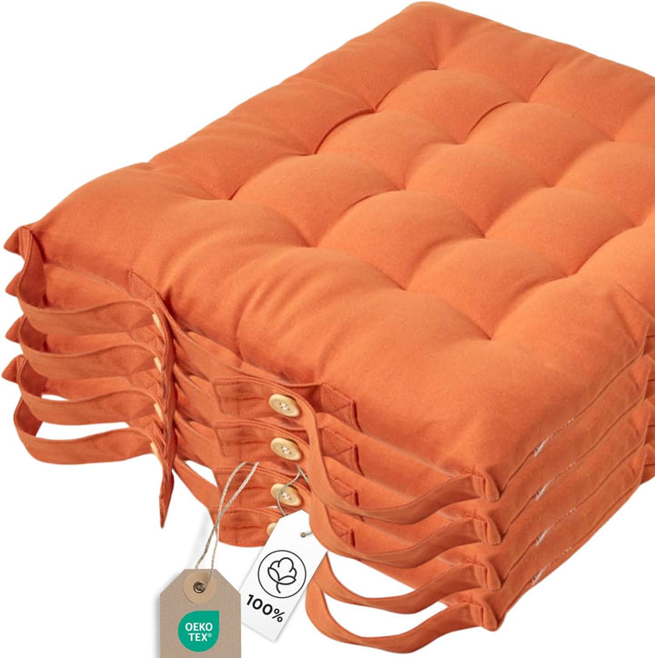 Homescapes 4er Set Stuhlkissen 40 x 40 cm, Terracotta-orange, Sitzkissen mit Bändern und Knopfversch
