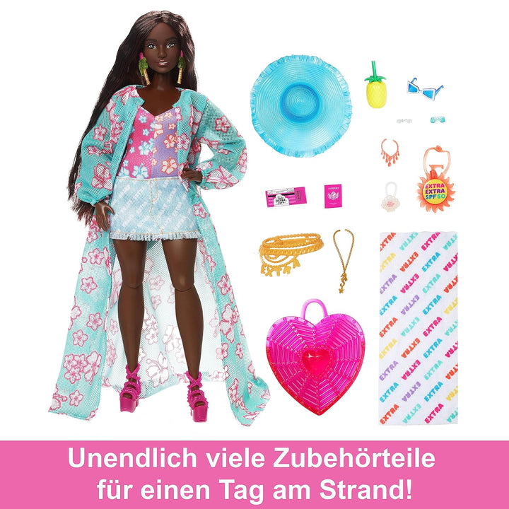 BARBIE Extra Fly - Reisepuppe mit Strandmode und Zubehör, beweglicher Körper, tropischer Badeanzug,