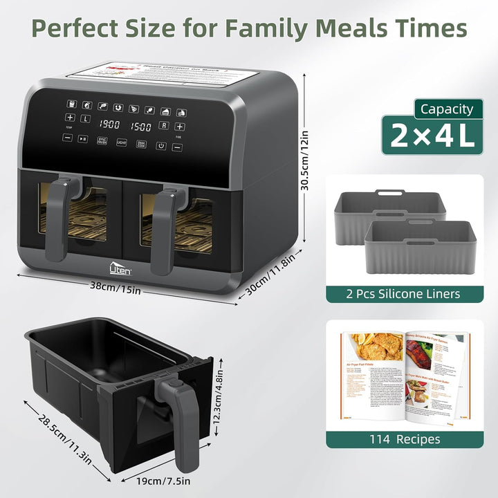 Uten Doppel Heissluftfritteuse, 8L Heissluftfritteuse Dual Zone Sichtbar, XXL Airfryer mit 2 Kammern