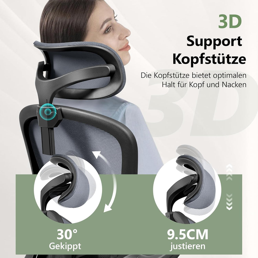 FelixKing Ergonomischer Bürostuhl, Computerstuhl, verstellbare Lendenwirbelstütze, 3D-Kopfstütze und