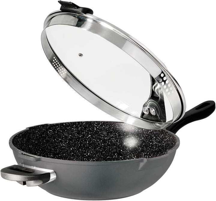 Stoneline Future Wok 32 cm, mit Sieb-Glasdeckel, mit austauschbaren Griffen, induktionsgeeignet, Alu