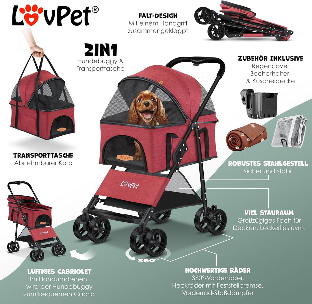 LOVPETยฎ Hundewagen 2in1 Hundebuggy Hundebox Transporttasche Faltbar klappbar bis 20kg Haustiere Bugg