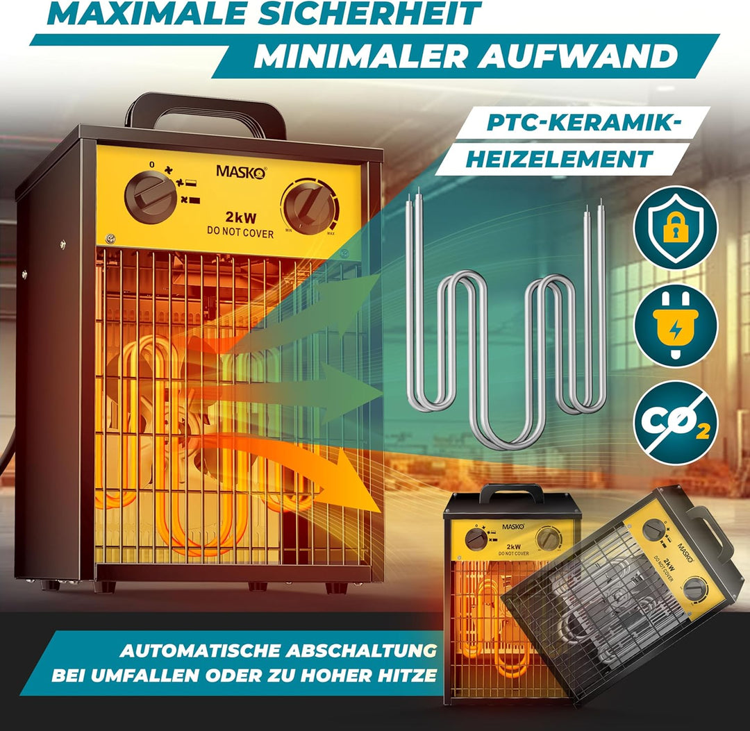 Masko® Elektroheizer Heizlüfter Bauheizer 2 KW mit integriertem Thermostat elektrisch Heizgerät 2000
