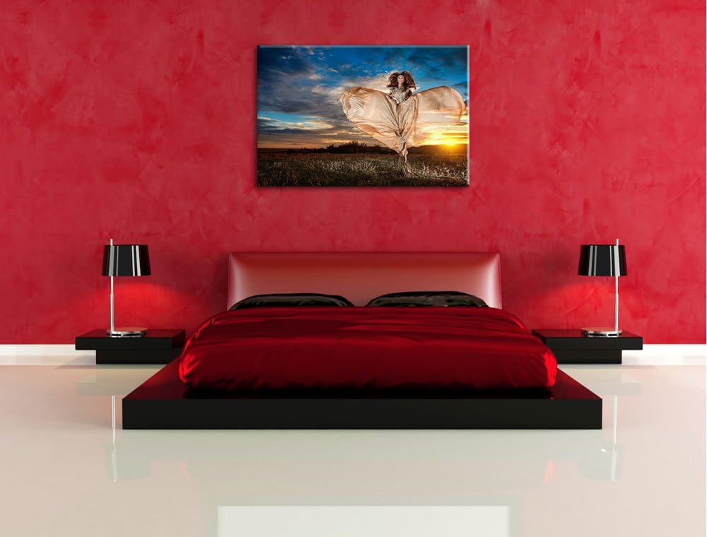 Frau mit Kleid bei Sonnenuntergang Format: 100x70 auf Leinwand, XXL riesige Bilder fertig gerahmt mi