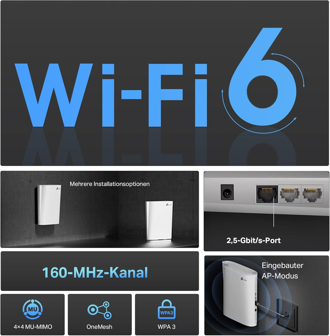 TP-Link RE900XD WiFi 6 WLAN Verstärker Repeater AX6000, 160-MHz-Kanal, 2,5-Gbit/s-Port + 2× Gigabit-