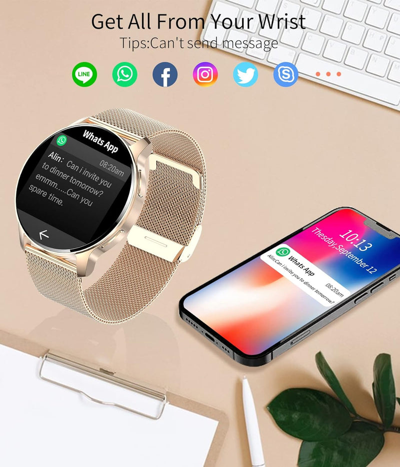 niolina Smartwatch Damen mit Telefonfunktion, 1.32 Zoll HD Voll Touchscreen Armbanduhr Uhr mit Pulsm
