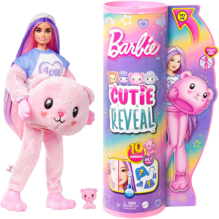 Barbie Cutie Reveal Puppe - Kuschelweiche Plüschverpackung mit 10 Überraschungen, bewegliche Puppe m