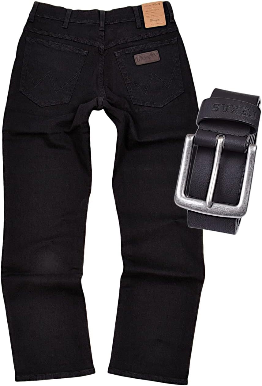 Wrangler Texas Stretch Herren Jeans Regular Fit inkl. Gürtel (W38/L30, Black)