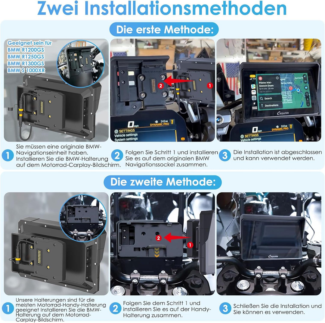 Carpuride W702B Motorrad GPS Carplay Bildschirm mit Design Halterung für BMW Motorräder, Kabelloses