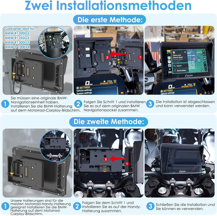 Carpuride W702B Motorrad GPS Carplay Bildschirm mit Design Halterung für BMW Motorräder, Kabelloses