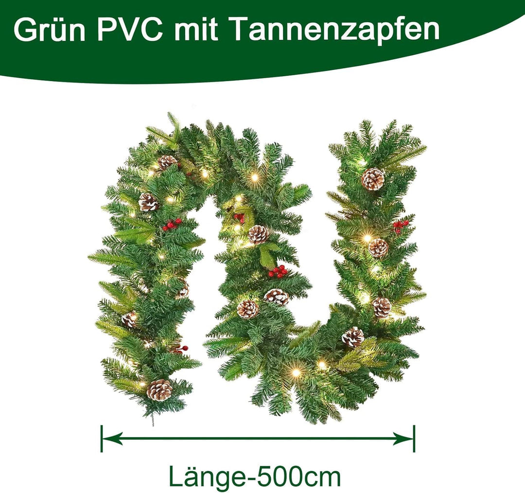 UISEBRT Weihnachtsgirlande mit Beleuchtung Tannengirlande 5m, mit 75 LEDs Tannenzapfen Rote Beere Kü