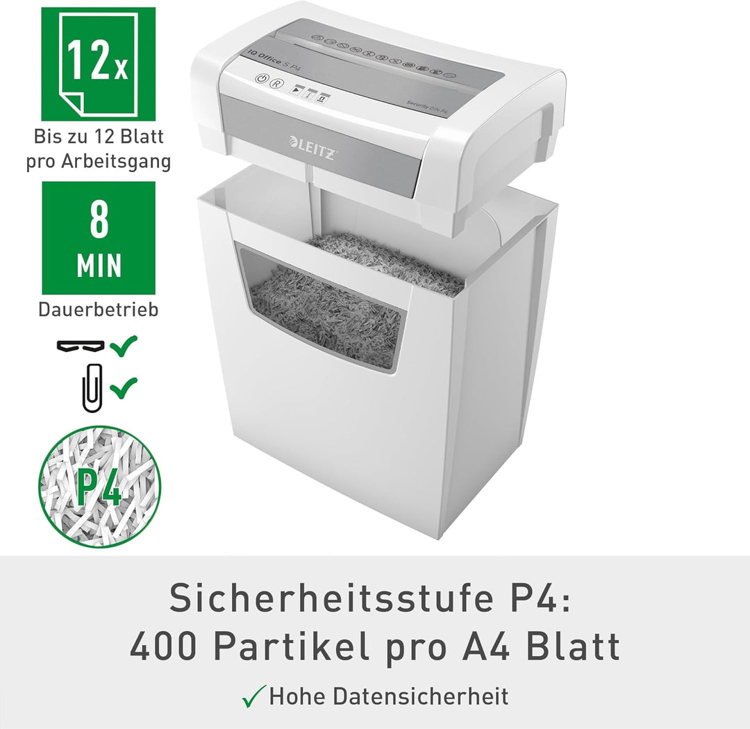 Leitz IQ Office S Aktenvernichter, 14-12 Blatt Kapazität (70-80 g/m²), Partikelschnitt, Sicherheitss