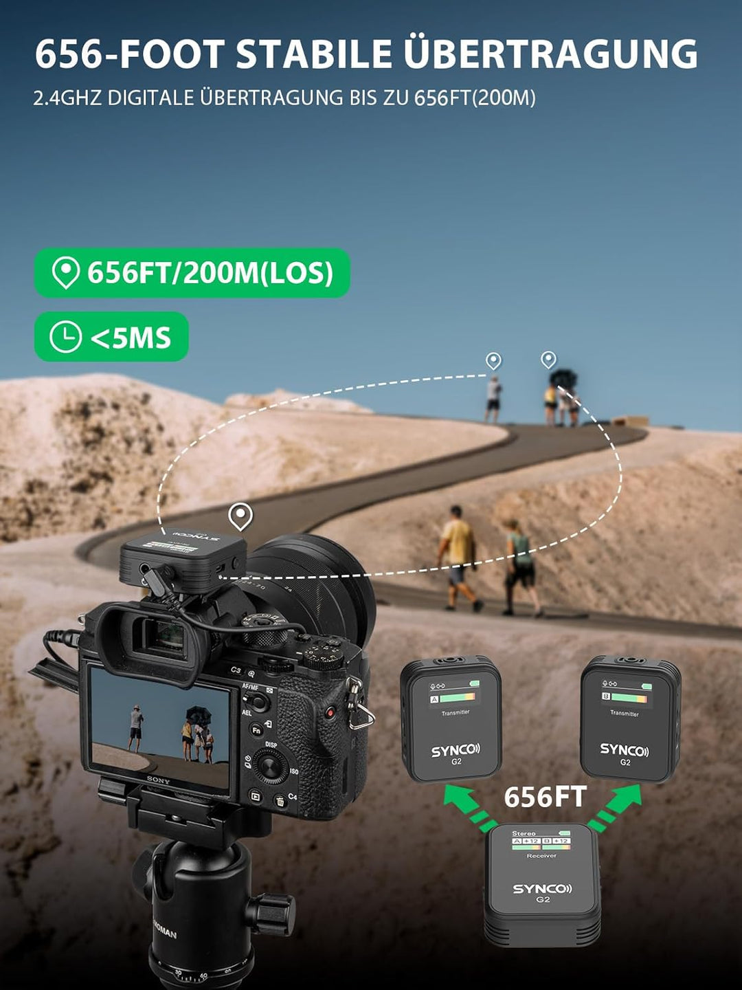 SYNCO Wireless Lavalier Mikrofon, G2(A2) 2.4GHz Ansteckmikrofon Kabellos 8H 200m Reichweite für Kame