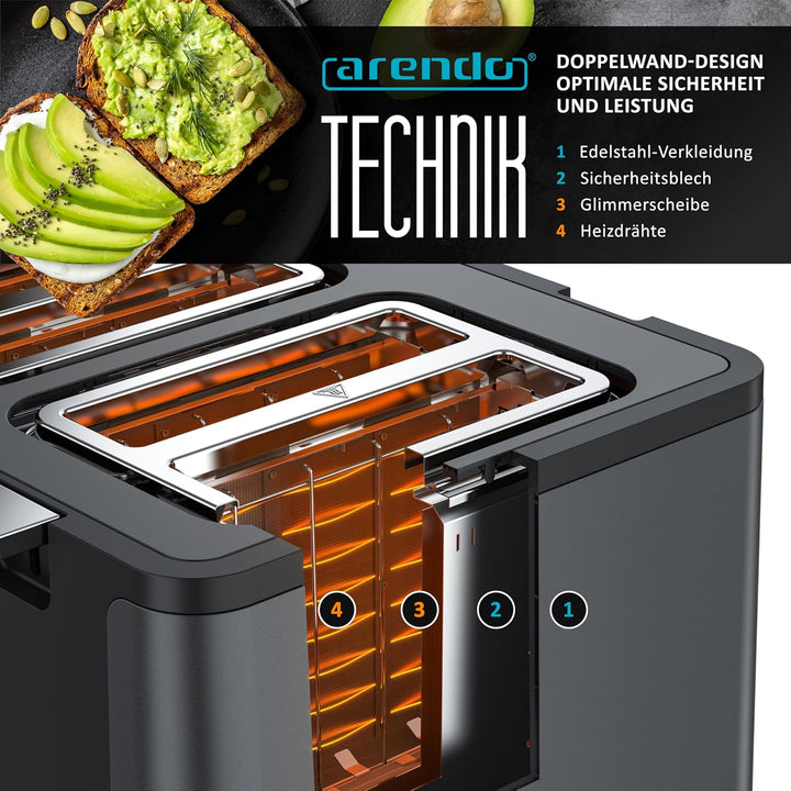 Arendo - Toaster 4 Scheiben Edelstahl - mit Brötchenaufsatz - LED Anzeige Restzeitanzeige – Doppelwa