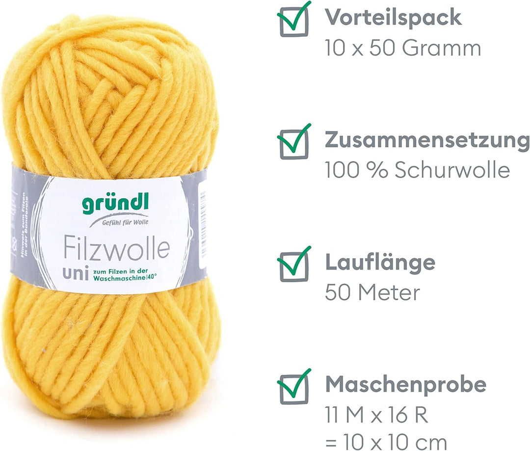 Gründl Filzwolle uni (Wolle zum Filzen, Stricken und Häkeln, Garn aus 100 % Schurwolle, 50 g / 50 m,