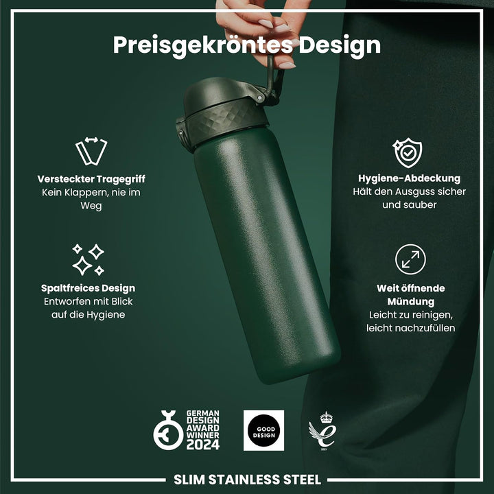 Ion8 Stahl-Trinkflasche, 600 ml, Auslaufsicher, Einhandöffnung, Sichere Verriegelung, Spülmaschinenf